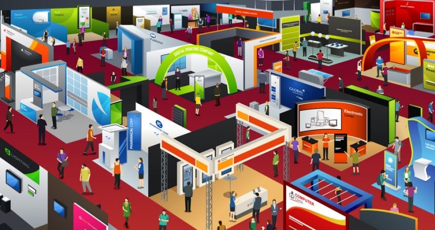 Colour illustration of exhibitions in a event hall